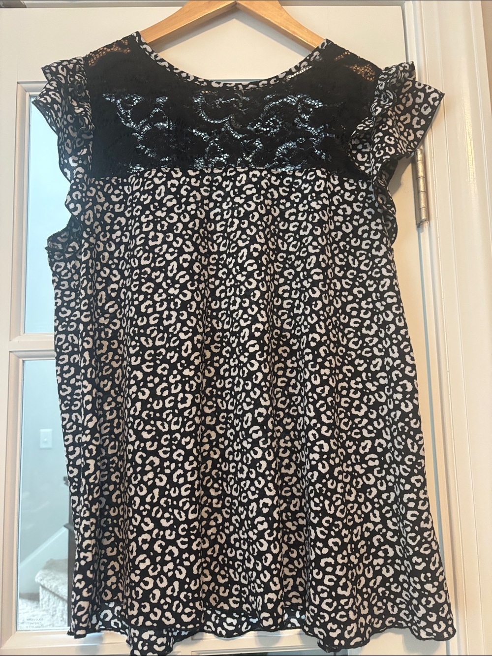 Black & White Leopard Print Blouse with Lace Yoke